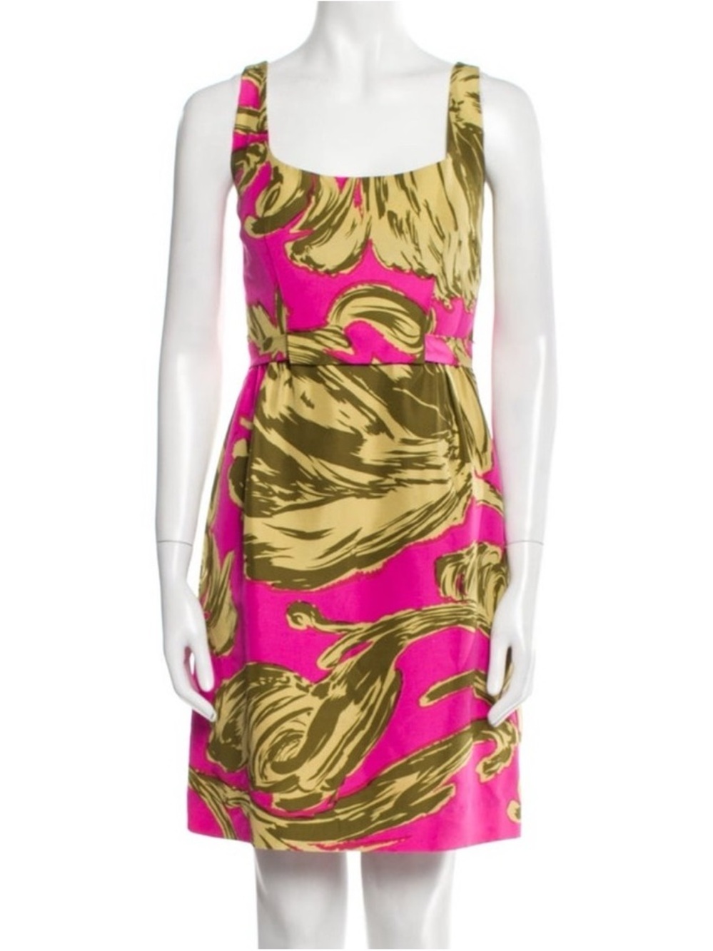 Milly of New York, Hot Pink and Olive Floral-Print Sleeveless Midi Dress, Size 6